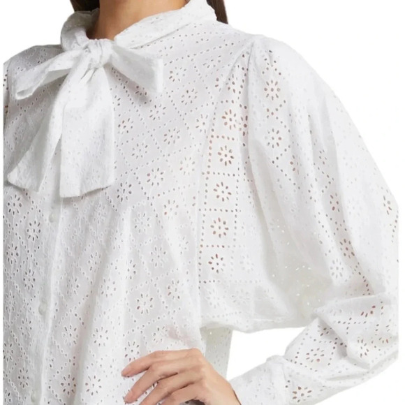 NWT Batsheva Cotton Eyelet Lace Broderie Anglaise Bow Detail Blouse White Size 6 - Picture 2 of 13